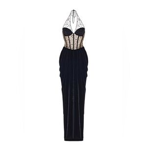 Rasario Corset Velvet & Polka Dot Mesh Drapped Maxi Dress